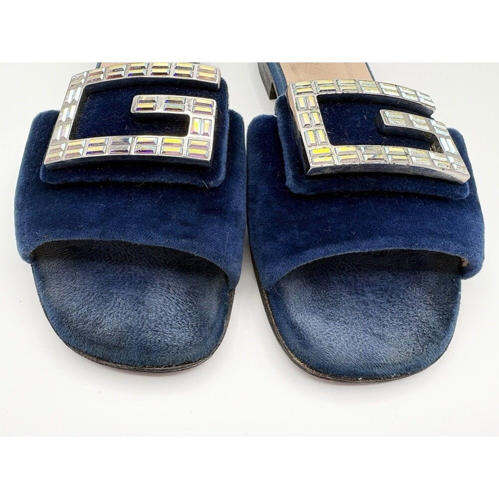 Gucci Blue Velvet Sandals w/ Crystal Embellished Monogram Accent Slides EU 37.5 - Picture 5 of 12